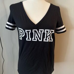 PINK Victoria’s Secret Black V-Neck T-Shirt with White Stripes